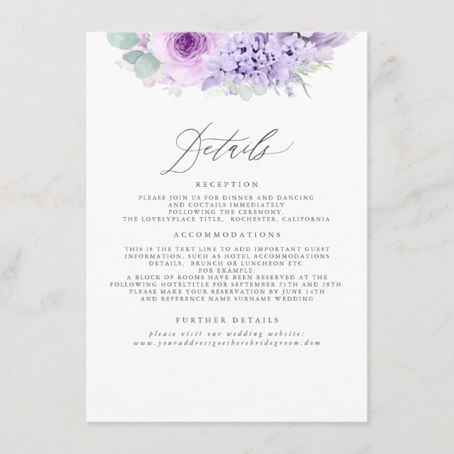 Carte D'accompagnement Dusty Purple Informations sur le Mariage Floral (Devant)