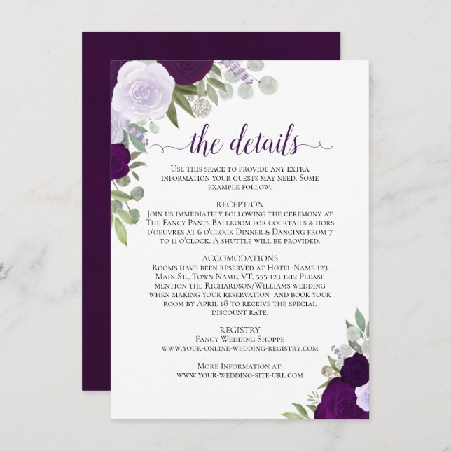 Carte D'accompagnement Dusty Purple & Plum Rose Rustic Mariage Détails (Devant / Derrière)