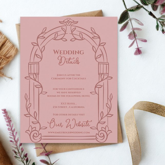 Carte D'accompagnement Dusty Rose Ornate Arch Botanical Wedding Details (Dusty Rose Ornate Arch Botanical Wedding Details Card | Elegant Wedding Information Enclosure)