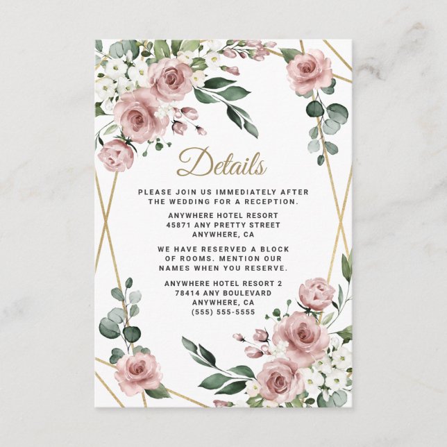 Carte D'accompagnement Dusty Rose rose et or Floral Mariage (Devant)