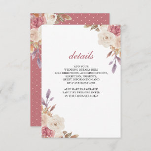 Carte D'accompagnement Dusty Rose rose Ivory Floral Détails du Mariage