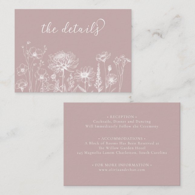 Carte D'accompagnement Dusty Rose Wildflower Details Card Wedding Insert (Devant / Derrière)