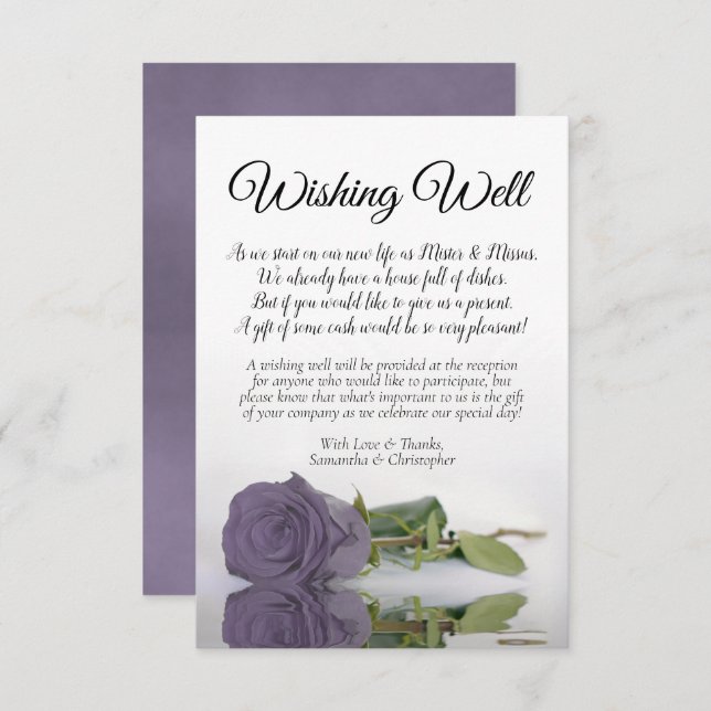 Carte D'accompagnement Dusty violet Rose mignon Mariage Wishing well Poem (Devant / Derrière)