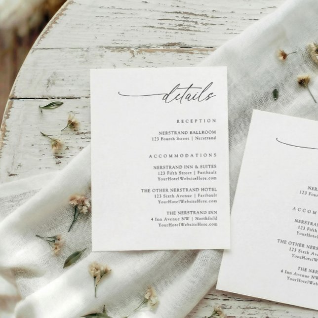 Carte D'accompagnement Écriture Manuscrite Élégante et Simple pour les Dé (modern wedding details card minimalist elegant script reception and hotel accommodations info)