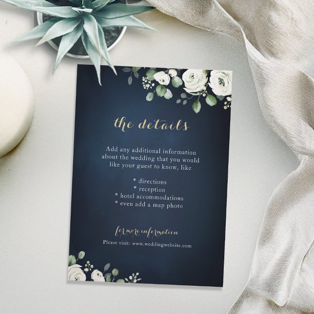 Carte D'accompagnement Ecriture or marine blanc détails mariage floral (Gold script navy white floral wedding details enclosure card)