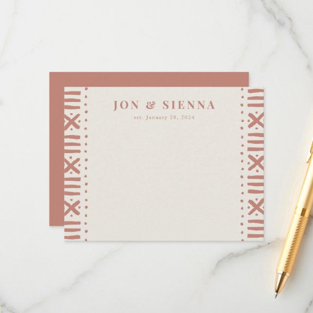 Carte D'accompagnement Ecru Terracotta Boho Bordure Mudcloth pour Couple (Devant/Arrière en situation)