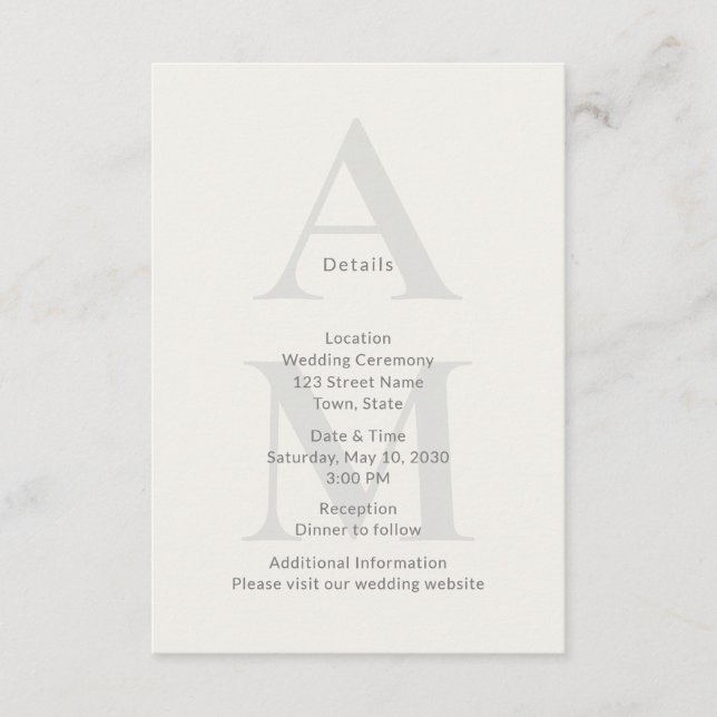 Carte D'accompagnement Editorial Initial Wedding Details Card (Devant)
