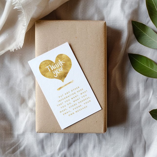 Carte D'accompagnement Effet d'huile coeur d'or insert pour les commandes (Gold foil effect thank you insert card with love heart and social links for customer orders.)
