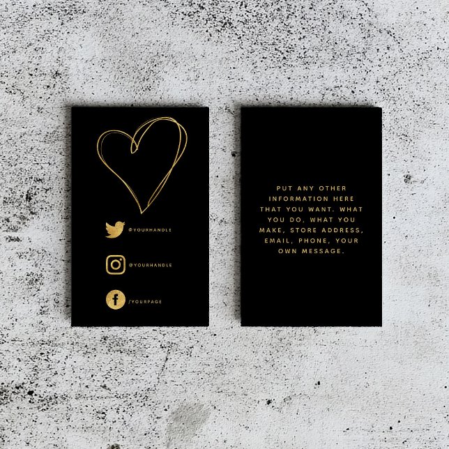 Carte D'accompagnement Effet Foil coeur et liens sociaux noir merci (A black insert card with a line drawn gold heart and social media details.)