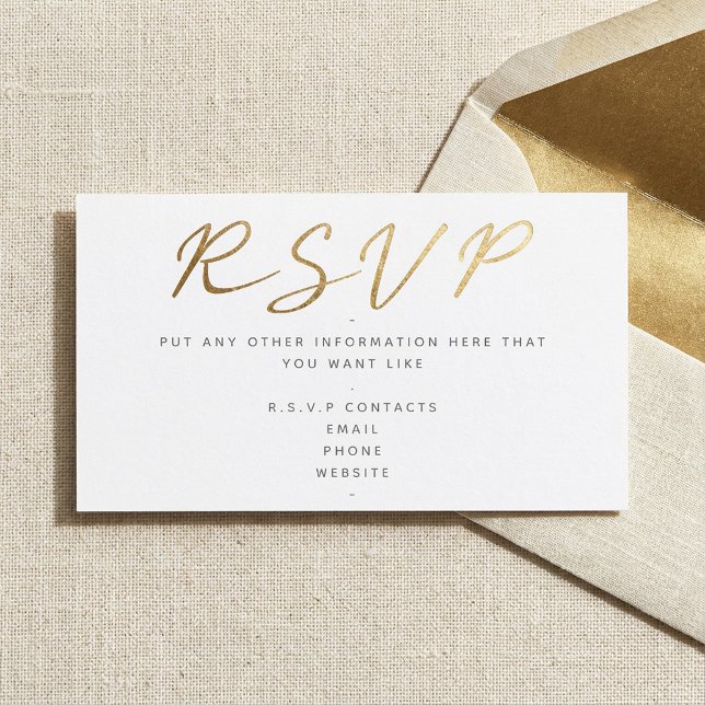 Carte D'accompagnement Effet or, écriture RSVP blanc (Gold effect script, RSVP white Enclosure Card.)