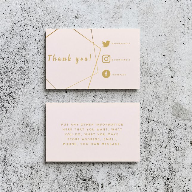 Carte D'accompagnement Effet rose et or Liens sociaux Insérer carte. (Pink and gold customer order thank you insert card. Geometric frame and social media details)