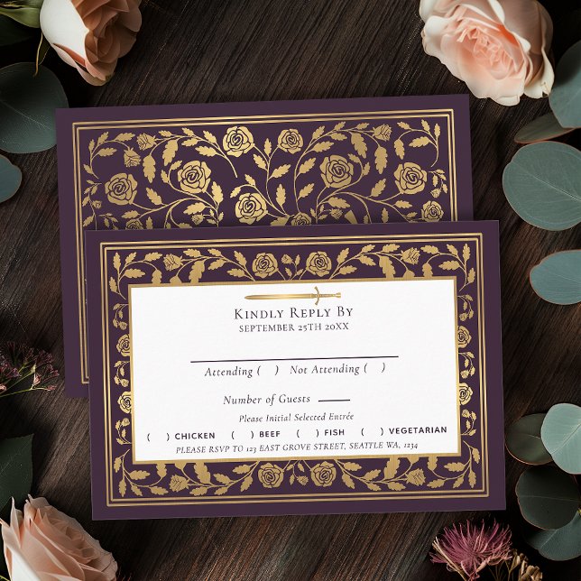 Carte D'accompagnement Eggplant Médiéval Mariage d'épée RSVP (Créateur téléchargé)