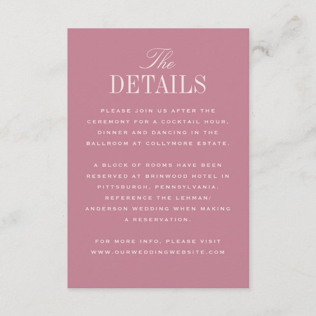 Carte D'accompagnement Élégance Classique Rose Détails de Mariage (Devant)