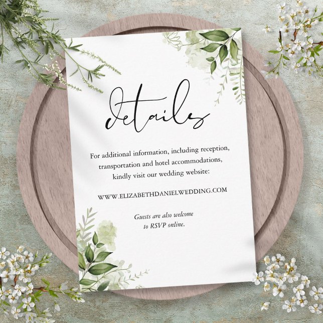 Carte D'accompagnement Élégance Florale de Verdure Détail de Mariage Écri (Greenery Floral Elegant Script Wedding Details Enclosure Card)
