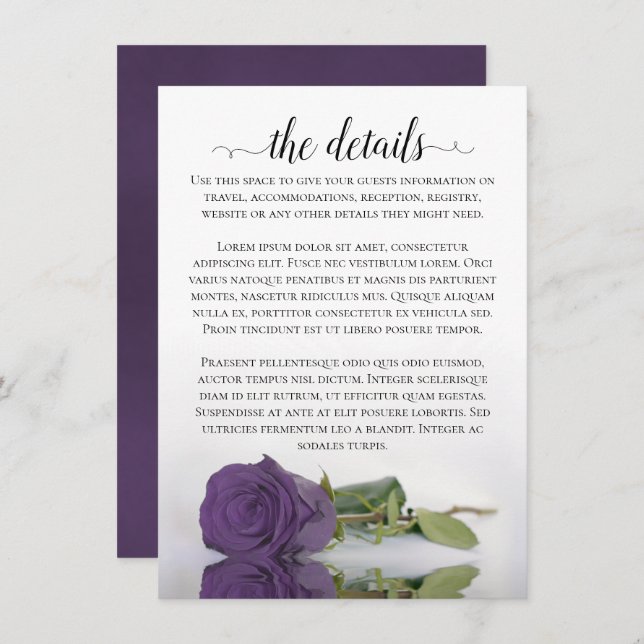 Carte D'accompagnement Elegant Amethyst Purple Rose Détails du Mariage (Devant / Derrière)