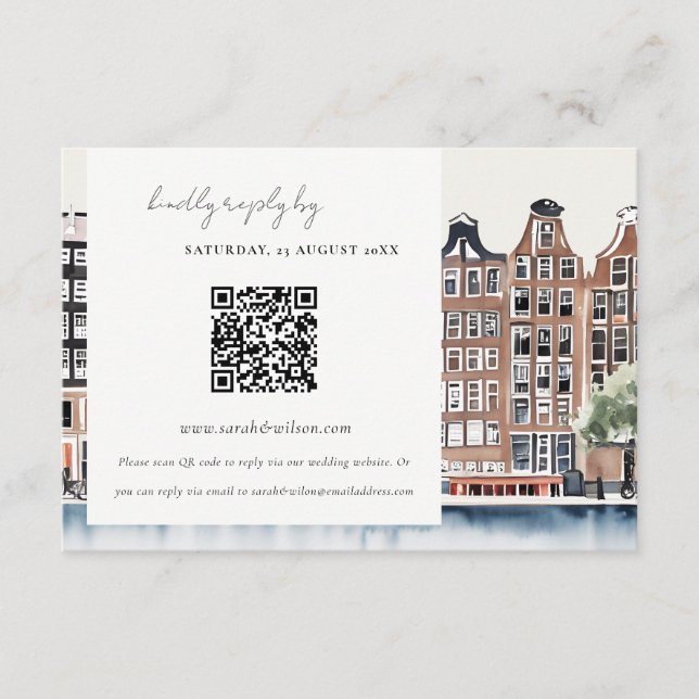 Carte D'accompagnement Elégant Amsterdam Dutch Canal Mariage QR Code RSVP (Devant)