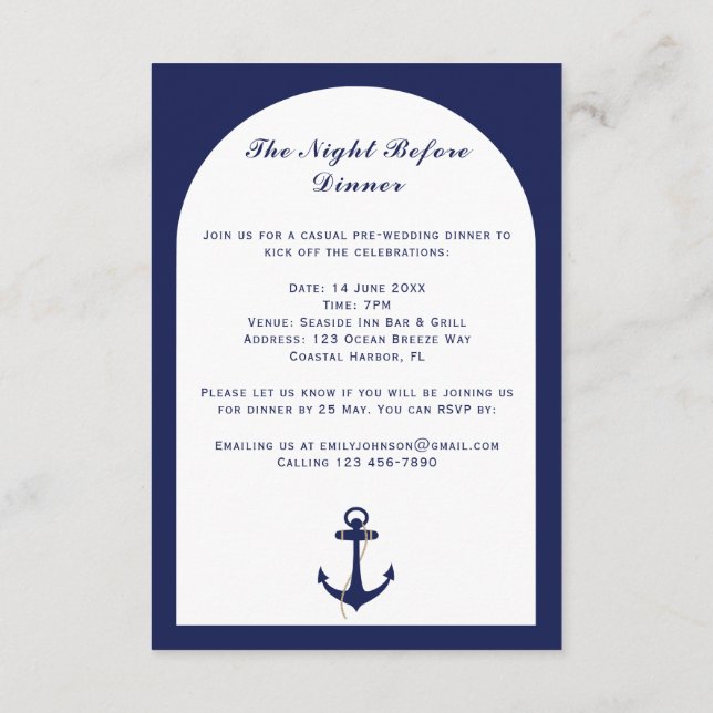 Carte D'accompagnement Elegant Arch Navy & White Nautical Mariage Détails (Dos)
