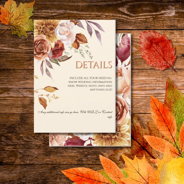 Carte D'accompagnement Elegant Autumn Watercolor Floral Wedding DETAILS (Créateur téléchargé)