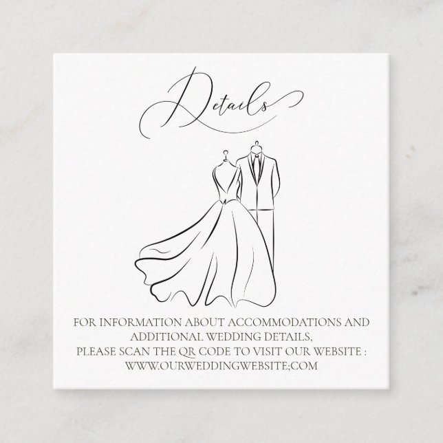 Carte D'accompagnement Elégant B&W Tux & Robe Mariage QR Code Détails (Devant)