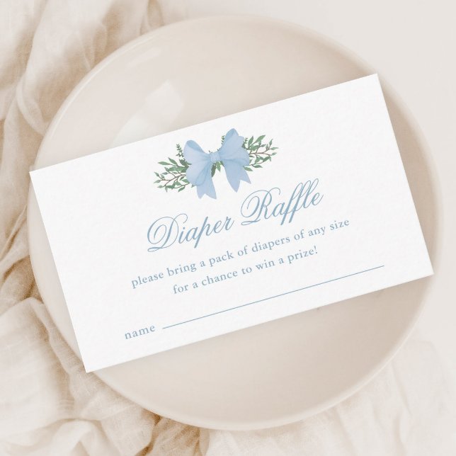 Carte D'accompagnement Élégant Baby shower de béquille Bleu  Raffle (Elegant blue bow greenery baby shower diaper raffle enclosure cards.)