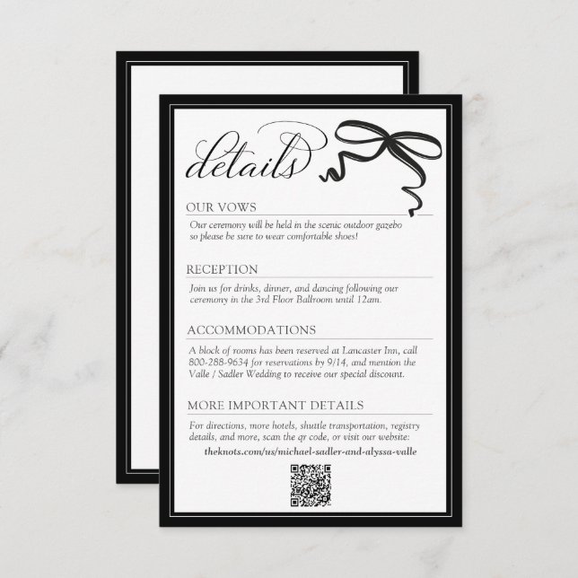 Carte D'accompagnement Elegant Black and White Bow Simple Wedding Details (Devant / Derrière)
