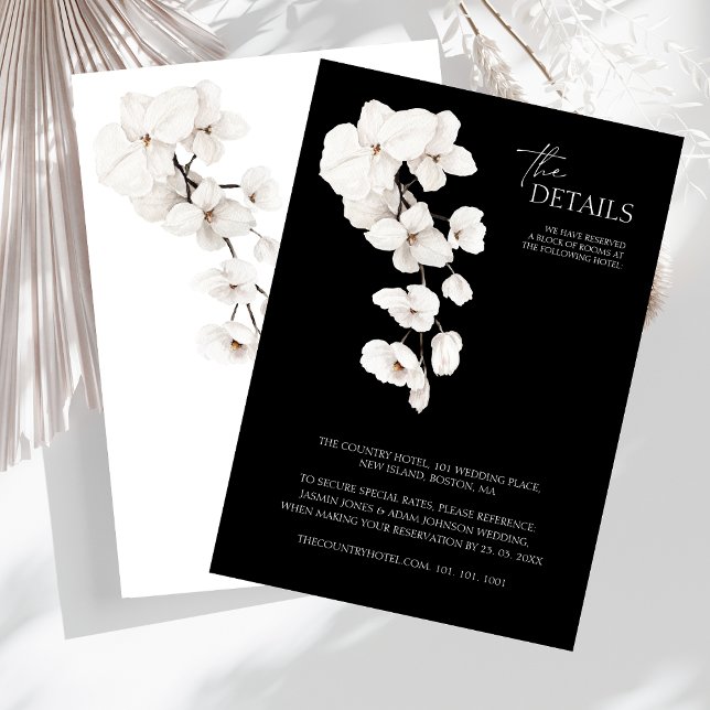 Carte D'accompagnement Elegant Black and White Orchid Détails du Mariage (Modern Black and White Orchids Flowers Wedding Details Card)