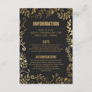 Carte D'accompagnement Elégant Black and Yellow Gold Floral Info Mariage