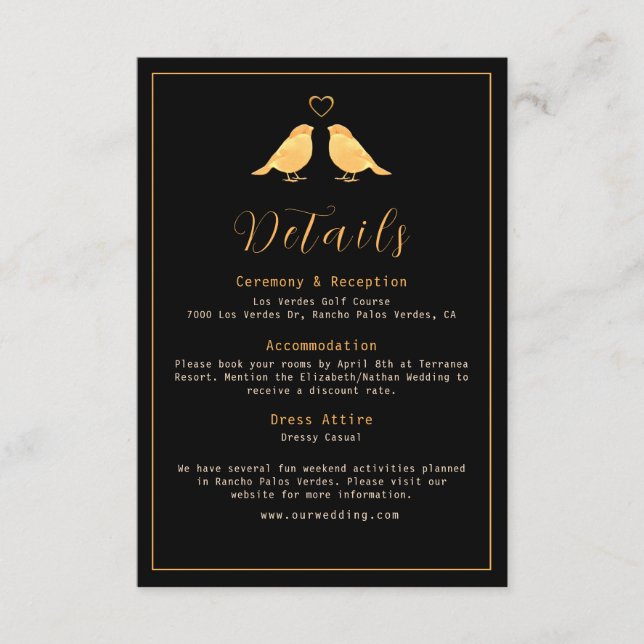 Carte D'accompagnement Elegant Black & Gold Birds Détails du Mariage (Devant)
