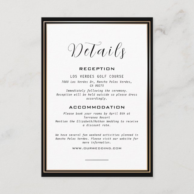 Carte D'accompagnement Elegant Black & Gold Frame Mariage Détails (Devant)