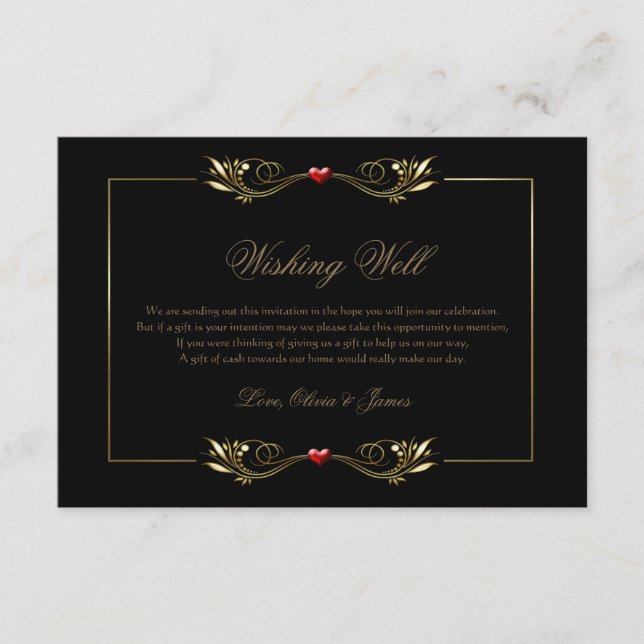 Carte D'accompagnement Elégant Black Gold Frame Red Heart Wishing Well (Devant)