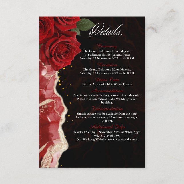 Carte D'accompagnement Elegant Black & Gold Red Roses Détails Mariage Voi (Devant)