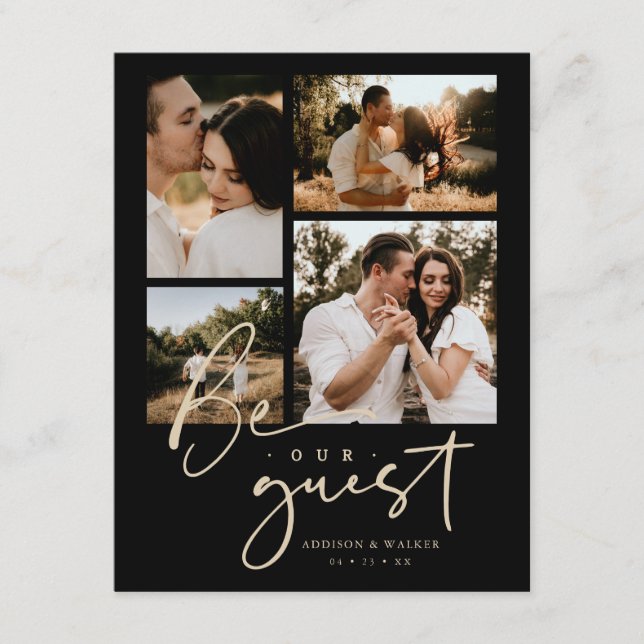 Carte D'accompagnement Elegant Black Gold Trendy Collage Wedding 4-Photo (Devant)