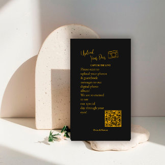 Carte D'accompagnement Elegant Black Gold Wedding Photo Sharing QR Code