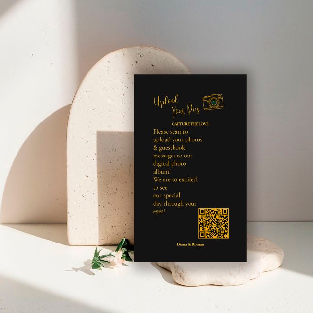 Carte D'accompagnement Elegant Black Gold Wedding Photo Sharing QR Code   (Créateur téléchargé)