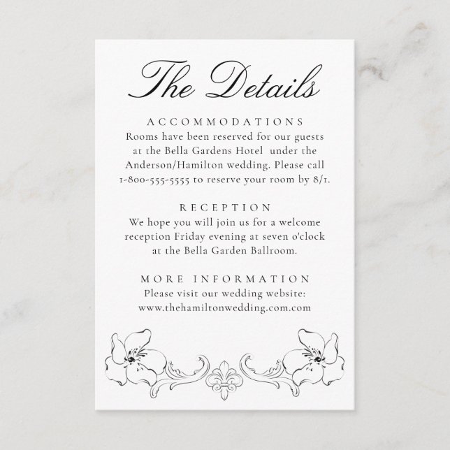 Carte D'accompagnement Elegant Black Ornate Floral Wedding Details (Devant)
