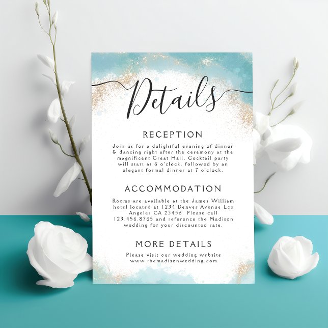 Carte D'accompagnement Elégant bleu aquarelle or Détails Mariage (Créateur téléchargé)
