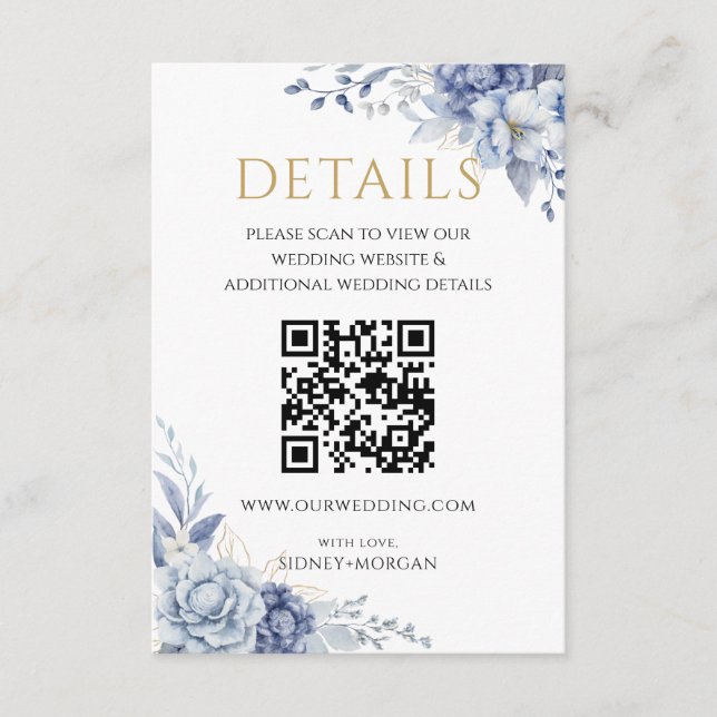 Carte D'accompagnement Elégant bleu bleu floral mariage QR code Détails (Devant)
