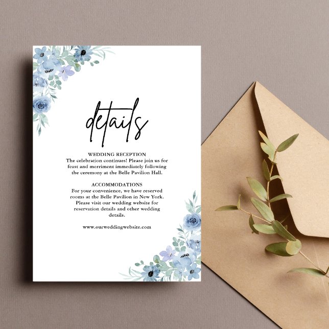 Carte D'accompagnement Elégant bleu Dusty Floral Détails du Mariage (Créateur téléchargé)