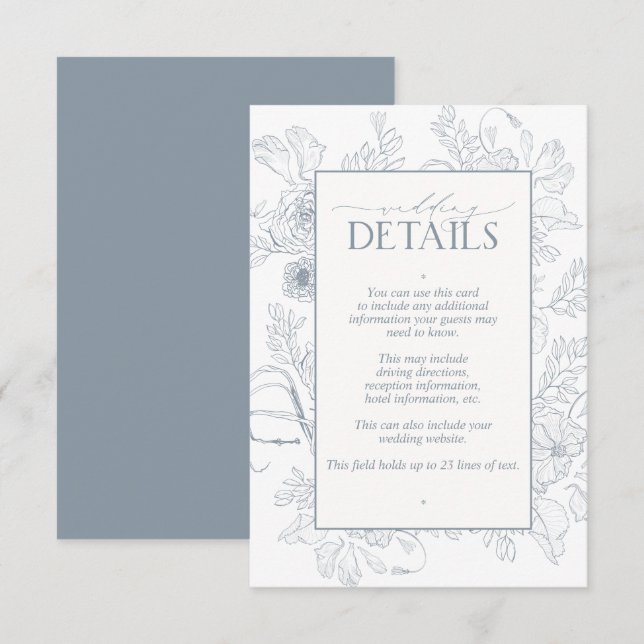 Carte D'accompagnement Elégant bleu Dusty Floral Line Art Mariage Détails (Devant / Derrière)