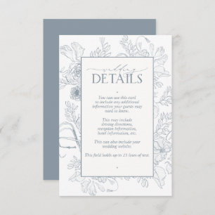Carte D'accompagnement Elégant bleu Dusty Floral Line Art Mariage Détails