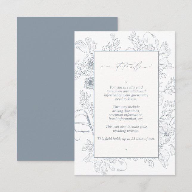 Carte D'accompagnement Elégant bleu Dusty Floral Line Art Mariage Détails (Devant / Derrière)