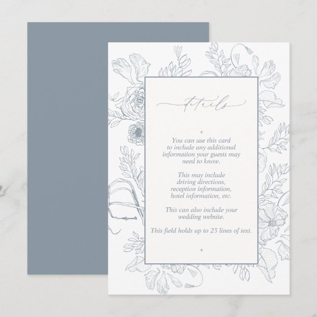 Carte D'accompagnement Elégant bleu Dusty Floral Line Art Mariage Détails (Devant / Derrière)