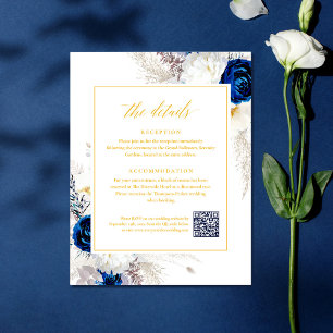 Carte D'accompagnement Elégant bleu et jaune Détails floraux RSVP QR Code