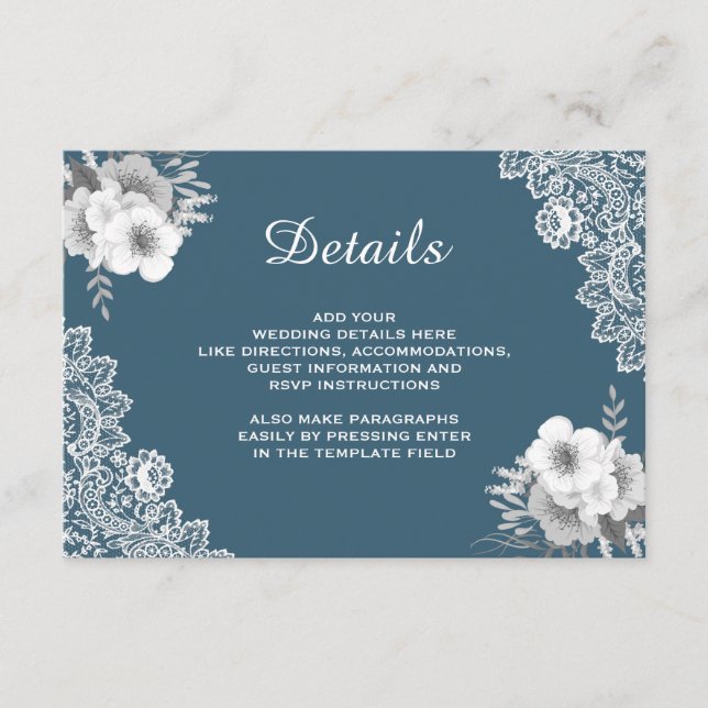 Carte D'accompagnement Elégant bleu Floral dentelle Détails du Mariage (Devant)