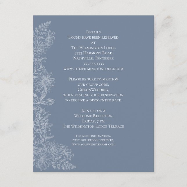 Carte D'accompagnement Elégant bleu gris blanc Floral Détails du Mariage (Devant)