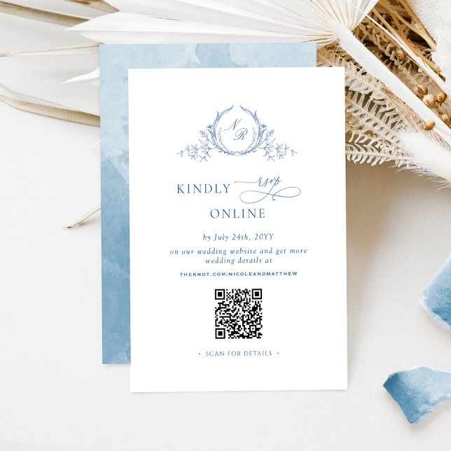 Carte D'accompagnement Élégant bleu monogramme RSVP en ligne QR Code (Créateur téléchargé)