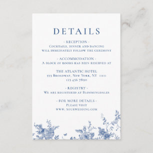 Carte D'accompagnement Elégant bleu victorien Floral Détails du Mariage