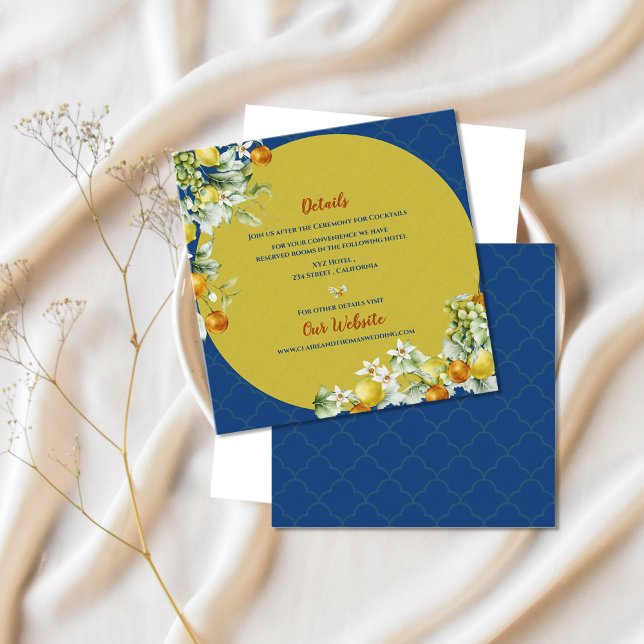 Carte D'accompagnement Elegant Blue Floral Gold Citrus Wedding Details (Elegant Blue Floral Gold Citrus Wedding Details Enclosure Card)