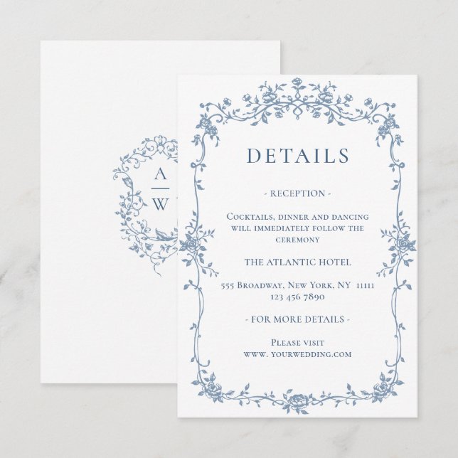 Carte D'accompagnement Elégant Blue French Garden Floral Détails Mariage (Devant / Derrière)