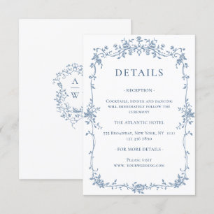Carte D'accompagnement Elégant Blue French Garden Floral Détails Mariage